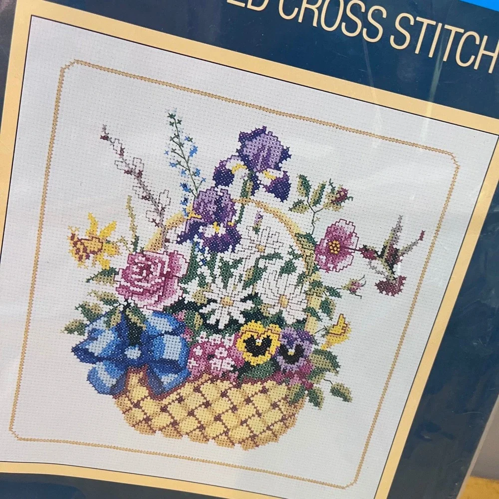 Vtg 1985 Sunset Garden Flowers Counted Cross Stitch Kit 2934 Floral Basket 12x12